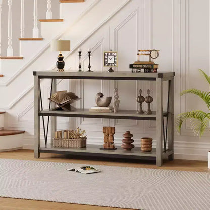 Console de Ferme avec Rangement, Table de Canapé Étroite de 120 cm et Table d'Entrée pour Salon, Meuble d'Appoint de Couloir en Bois à 3 Niveaux