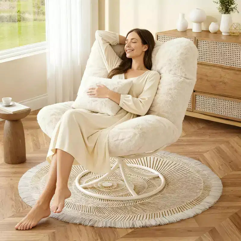 Fauteuil lounge rotatif 360° surdimensionné avec base à bascule en métal, Fauteuil à bascule Papasan en rotin d'hiver avec coussin épais et moelleux de 6,3 po