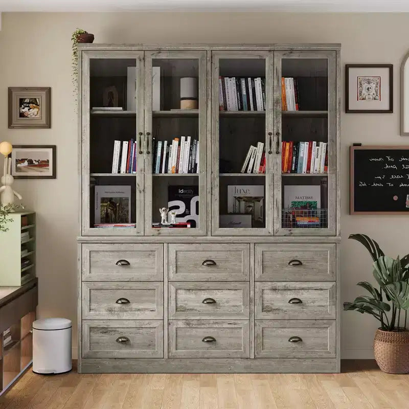 Famapy Rustic Gray Glass-Door Bookcase: Adjustable Shelves & 9 Drawers  Spacious Storage for Organized Home Libraries