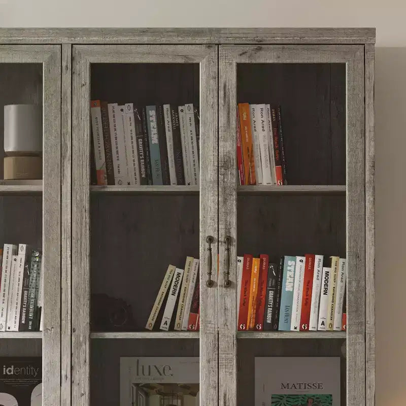 Bibliothèque Famapy avec portes en verre et 9 tiroirs, finition gris rustique : Étagères ajustables et grand espace de rangement pour bibliothèques organisées