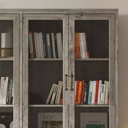 Bibliothèque Famapy avec portes en verre et 9 tiroirs, finition gris rustique : Étagères ajustables et grand espace de rangement pour bibliothèques organisées