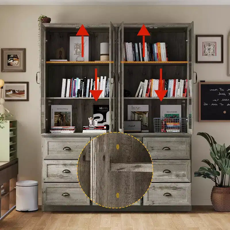 Bibliothèque Famapy avec portes en verre et 9 tiroirs, finition gris rustique : Étagères ajustables et grand espace de rangement pour bibliothèques organisées