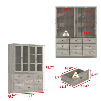 Bibliothèque Famapy avec portes en verre et 9 tiroirs, finition gris rustique : Étagères ajustables et grand espace de rangement pour bibliothèques organisées