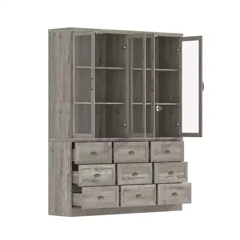 Bibliothèque Famapy avec portes en verre et 9 tiroirs, finition gris rustique : Étagères ajustables et grand espace de rangement pour bibliothèques organisées