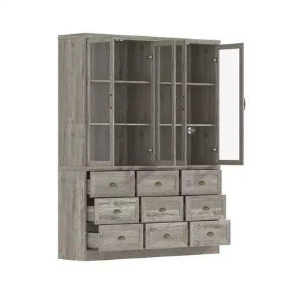 Bibliothèque Famapy avec portes en verre et 9 tiroirs, finition gris rustique : Étagères ajustables et grand espace de rangement pour bibliothèques organisées
