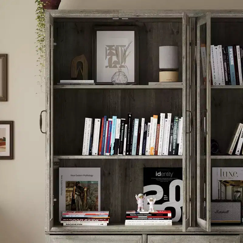 Bibliothèque Famapy avec portes en verre et 9 tiroirs, finition gris rustique : Étagères ajustables et grand espace de rangement pour bibliothèques organisées