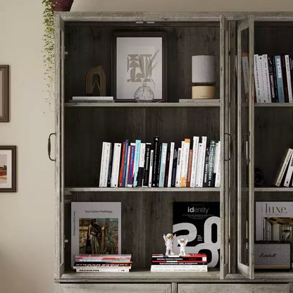 Bibliothèque Famapy avec portes en verre et 9 tiroirs, finition gris rustique : Étagères ajustables et grand espace de rangement pour bibliothèques organisées