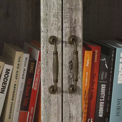 Bibliothèque Famapy avec portes en verre et 9 tiroirs, finition gris rustique : Étagères ajustables et grand espace de rangement pour bibliothèques organisées