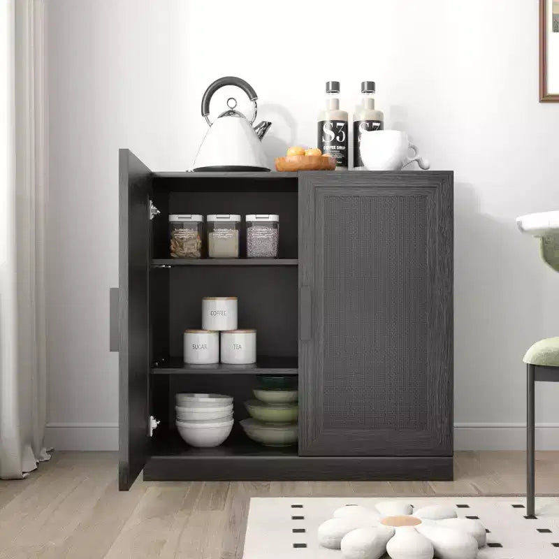 PexFix 31 Modular Sideboard Cabinet with Storage Modern Farmhouse Buffet Cabinet with Rattan Doors for Living Room Kitchen Dining Room Entryway Black