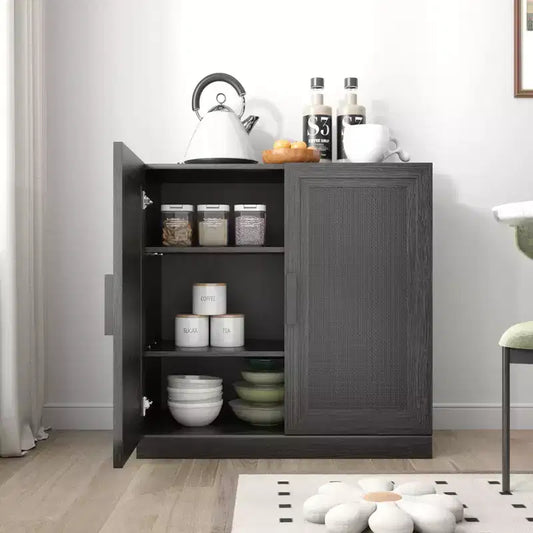 PexFix 31 Modular Sideboard Cabinet with Storage Modern Farmhouse Buffet Cabinet with Rattan Doors for Living Room Kitchen Dining Room Entryway Black