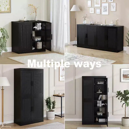 PexFix 31 Buffet Modulable avec Rangement, Meuble de Rangement Ferme Moderne avec Portes en Rotin pour Salon, Cuisine, Salle à Manger, Entrée, Noir