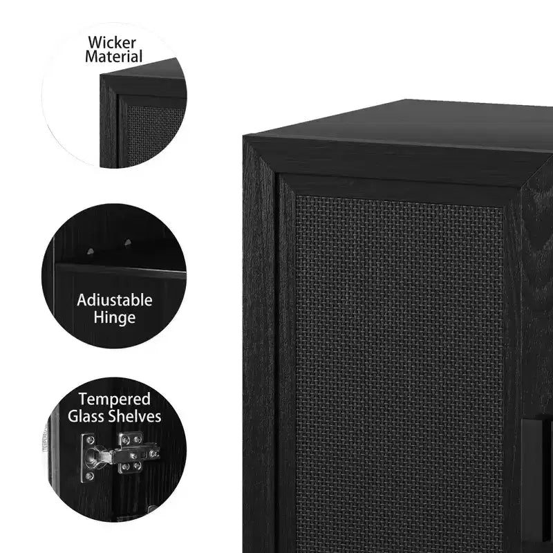 PexFix 31 Buffet Modulable avec Rangement, Meuble de Rangement Ferme Moderne avec Portes en Rotin pour Salon, Cuisine, Salle à Manger, Entrée, Noir