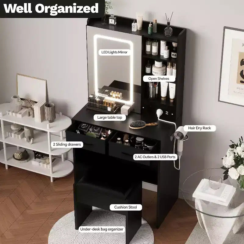 Petite coiffeuse avec miroir et lumières, table de maquillage avec 2 tiroirs, étagères ouvertes et tabouret, ensemble coiffeuse pour chambre à coucher.
