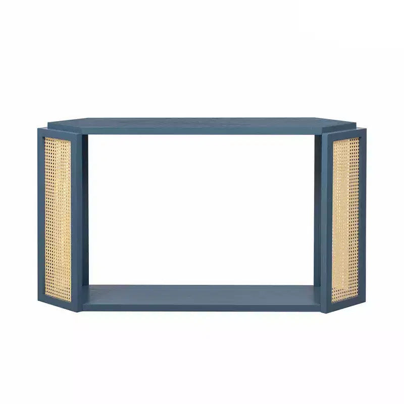 Console étroite avec étagère ouverte, Table d'entrée en rotin au design unique et irrégulier pour salon, couloir et entrée