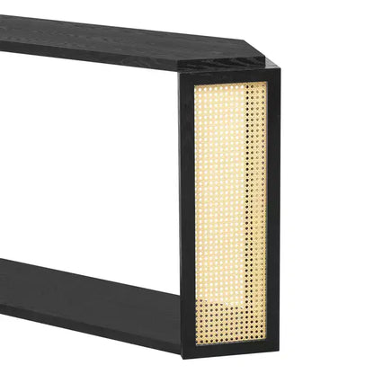 Console étroite avec étagère ouverte, Table d'entrée en rotin au design unique et irrégulier pour salon, couloir et entrée