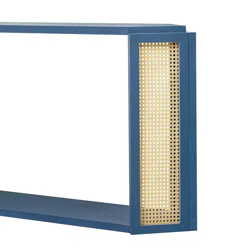 Console étroite avec étagère ouverte, Table d'entrée en rotin au design unique et irrégulier pour salon, couloir et entrée
