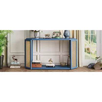 Console étroite avec étagère ouverte, Table d'entrée en rotin au design unique et irrégulier pour salon, couloir et entrée