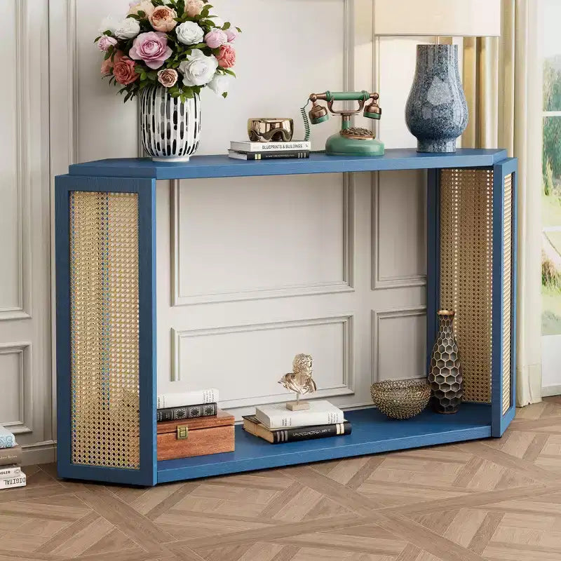 Console étroite avec étagère ouverte, Table d'entrée en rotin au design unique et irrégulier pour salon, couloir et entrée