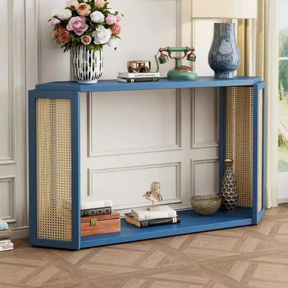 Console étroite avec étagère ouverte, Table d'entrée en rotin au design unique et irrégulier pour salon, couloir et entrée