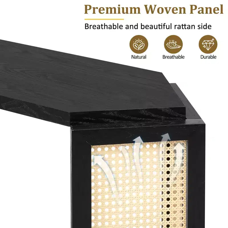 Console étroite avec étagère ouverte, Table d'entrée en rotin au design unique et irrégulier pour salon, couloir et entrée