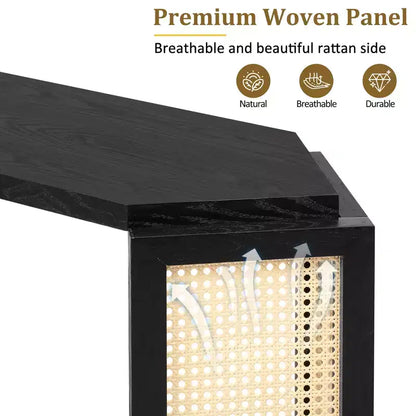 Console étroite avec étagère ouverte, Table d'entrée en rotin au design unique et irrégulier pour salon, couloir et entrée
