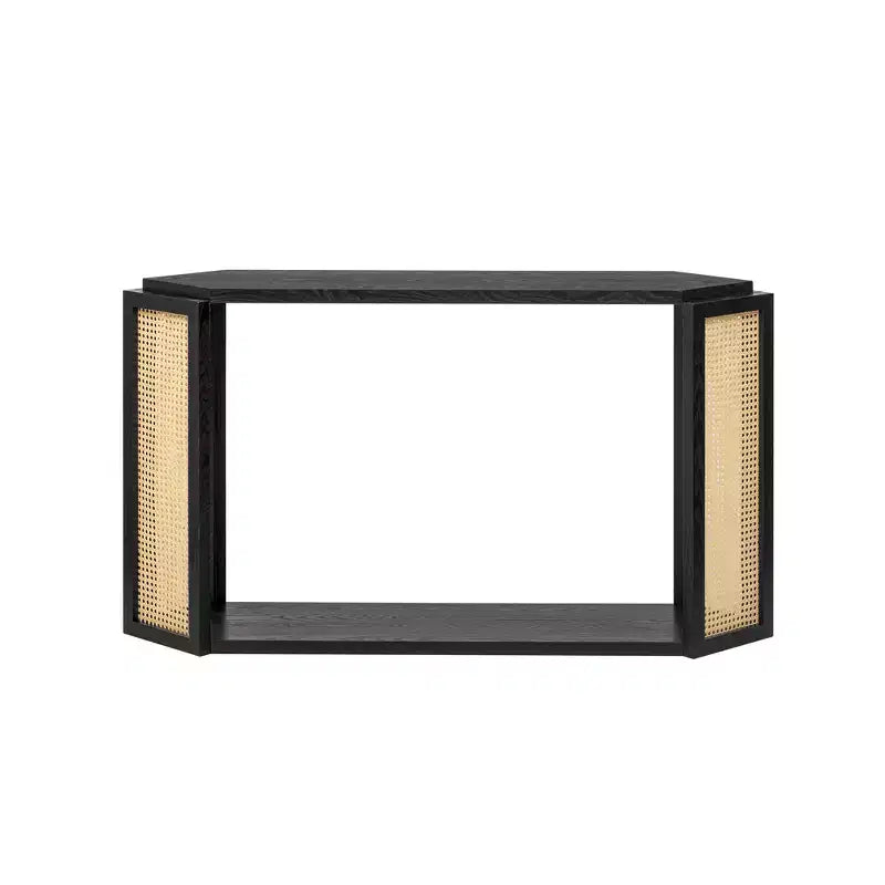 Console étroite avec étagère ouverte, Table d'entrée en rotin au design unique et irrégulier pour salon, couloir et entrée