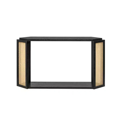 Console étroite avec étagère ouverte, Table d'entrée en rotin au design unique et irrégulier pour salon, couloir et entrée