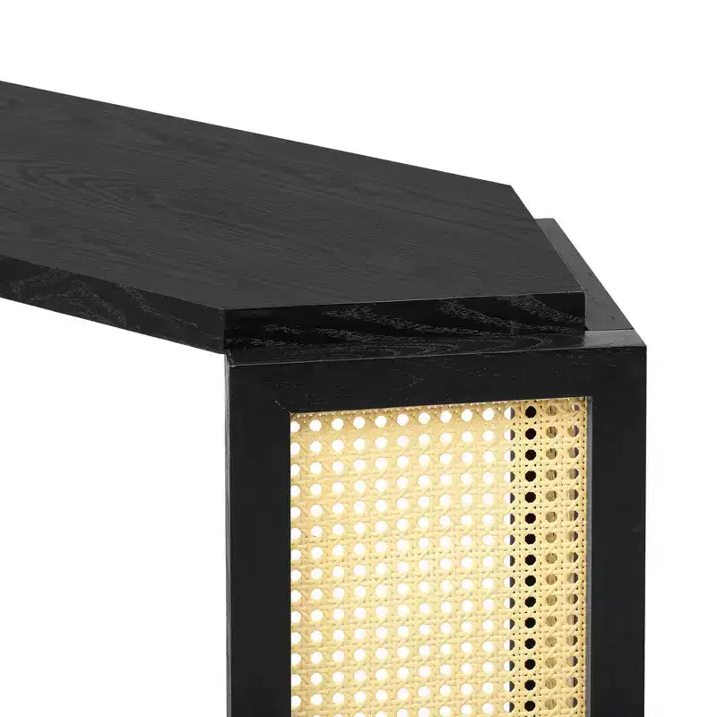 Console étroite avec étagère ouverte, Table d'entrée en rotin au design unique et irrégulier pour salon, couloir et entrée