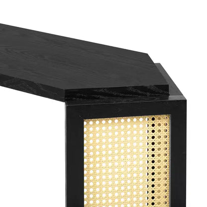 Console étroite avec étagère ouverte, Table d'entrée en rotin au design unique et irrégulier pour salon, couloir et entrée