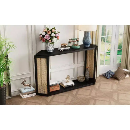 Console étroite avec étagère ouverte, Table d'entrée en rotin au design unique et irrégulier pour salon, couloir et entrée