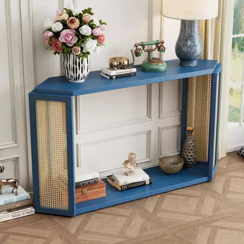 Console étroite avec étagère ouverte, Table d'entrée en rotin au design unique et irrégulier pour salon, couloir et entrée