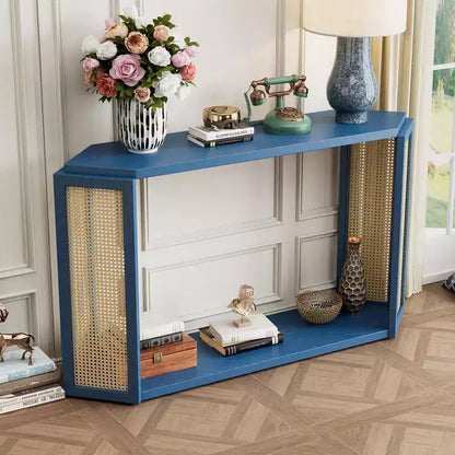 Console étroite avec étagère ouverte, Table d'entrée en rotin au design unique et irrégulier pour salon, couloir et entrée