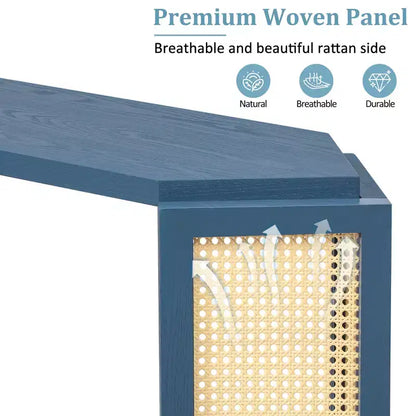 Console étroite avec étagère ouverte, Table d'entrée en rotin au design unique et irrégulier pour salon, couloir et entrée