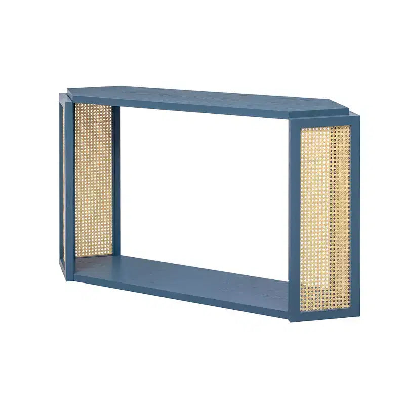 Console étroite avec étagère ouverte, Table d'entrée en rotin au design unique et irrégulier pour salon, couloir et entrée