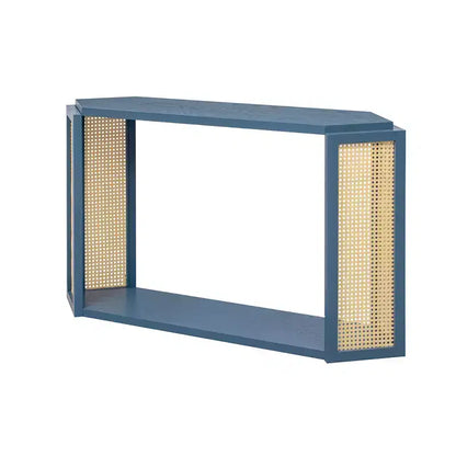 Console étroite avec étagère ouverte, Table d'entrée en rotin au design unique et irrégulier pour salon, couloir et entrée