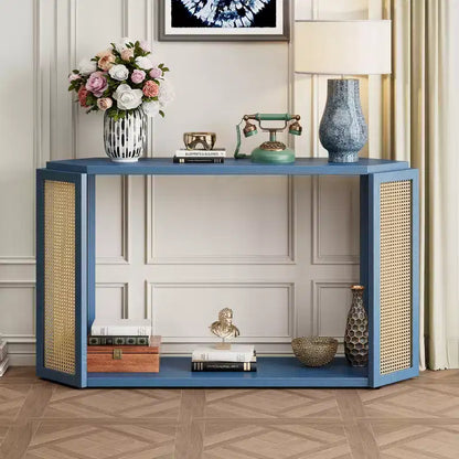 Narrow Console Table with Open Shelf, Rattan Entryway Table with Unique Irregular Top Design for Living Room Hallway and Entryway