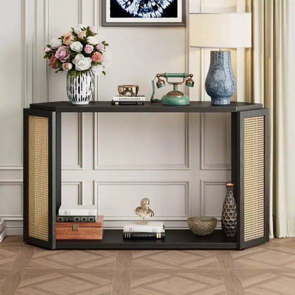 Console étroite avec étagère ouverte, Table d'entrée en rotin au design unique et irrégulier pour salon, couloir et entrée