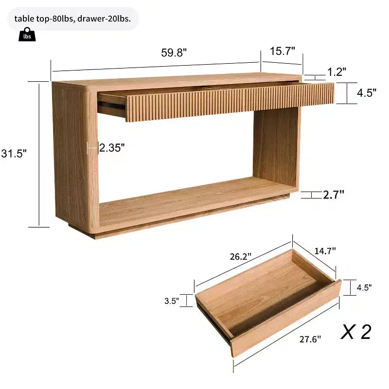 Console Okak en bois rustique avec placage et 2 tiroirs cannelés, table de canapé pour l'arrière du canapé, table de foyer pour le salon, le couloir, l'entrée