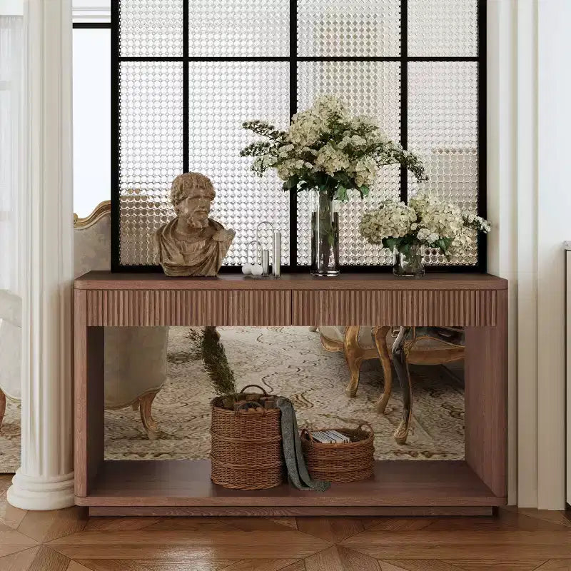 Console Okak en bois rustique avec placage et 2 tiroirs cannelés, table de canapé pour l'arrière du canapé, table de foyer pour le salon, le couloir, l'entrée