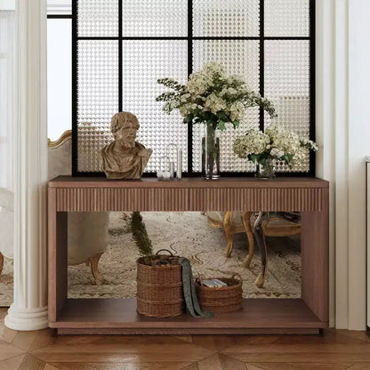 Console Okak en bois rustique avec placage et 2 tiroirs cannelés, table de canapé pour l'arrière du canapé, table de foyer pour le salon, le couloir, l'entrée