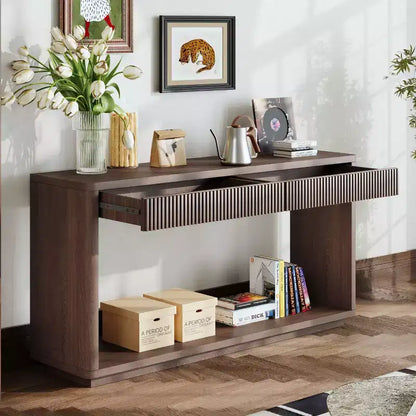 Console Okak en bois rustique avec placage et 2 tiroirs cannelés, table de canapé pour l'arrière du canapé, table de foyer pour le salon, le couloir, l'entrée