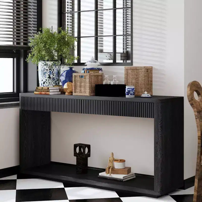 Console Okak en bois rustique avec placage et 2 tiroirs cannelés, table de canapé pour l'arrière du canapé, table de foyer pour le salon, le couloir, l'entrée