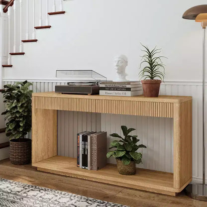 Console Okak en bois rustique avec placage et 2 tiroirs cannelés, table de canapé pour l'arrière du canapé, table de foyer pour le salon, le couloir, l'entrée