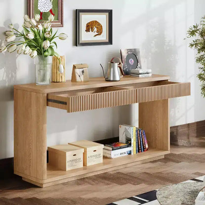 Console Okak en bois rustique avec placage et 2 tiroirs cannelés, table de canapé pour l'arrière du canapé, table de foyer pour le salon, le couloir, l'entrée