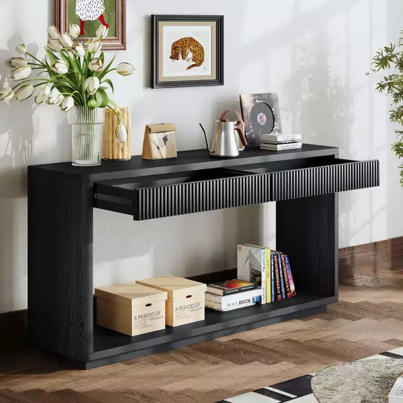 Okak Rustic Wood Veneer Console Table with Fluted 2-Drawer,Sofa Table Behind Couch Foyer Table for Living Room,Hallway,Entryway