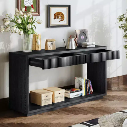 Okak Rustic Wood Veneer Console Table with Fluted 2-Drawer,Sofa Table Behind Couch Foyer Table for Living Room,Hallway,Entryway