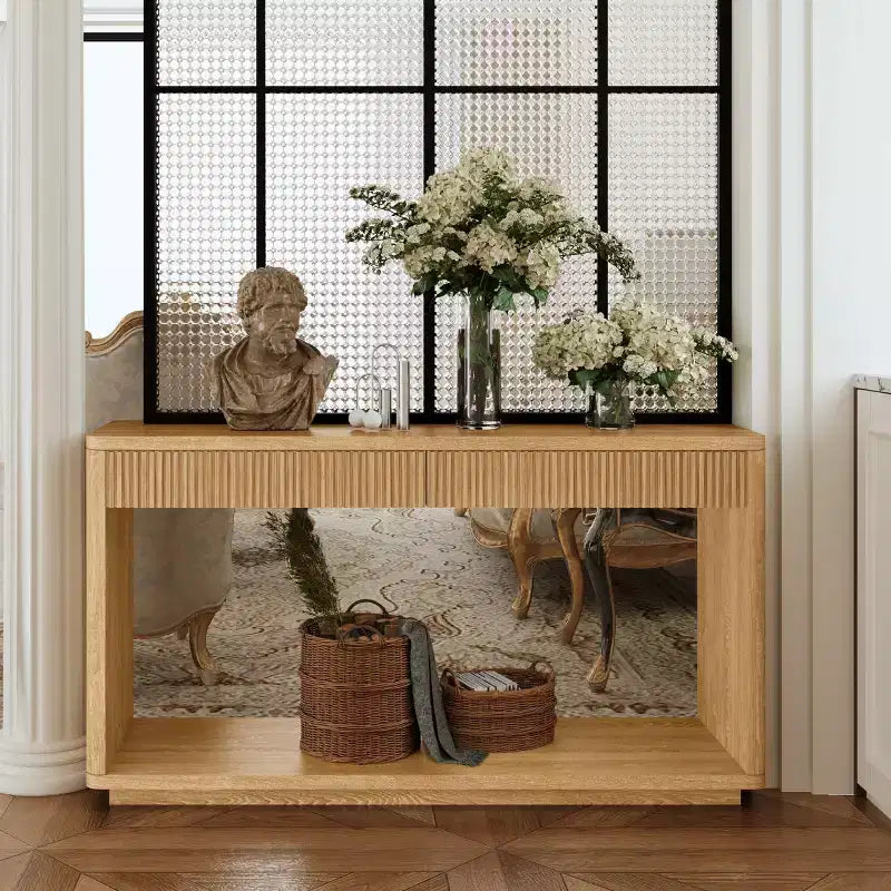 Console Okak en bois rustique avec placage et 2 tiroirs cannelés, table de canapé pour l'arrière du canapé, table de foyer pour le salon, le couloir, l'entrée