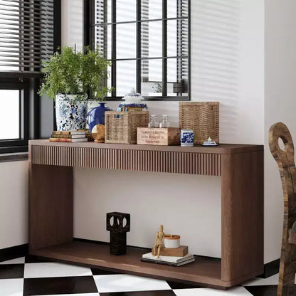 Console Okak en bois rustique avec placage et 2 tiroirs cannelés, table de canapé pour l'arrière du canapé, table de foyer pour le salon, le couloir, l'entrée