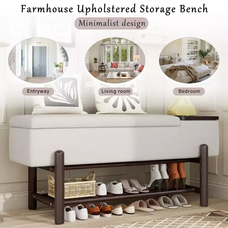Banc de rangement capitonné GDFStudio Judd Farmhouse avec compartiment caché et pieds en bois d'hévéa
