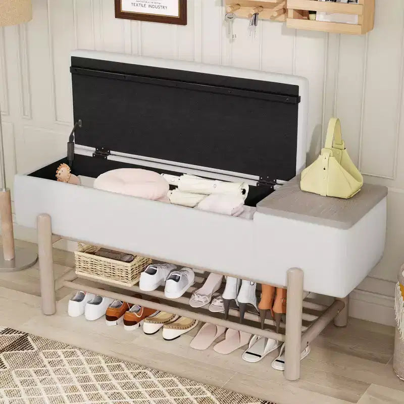 Banc de rangement capitonné GDFStudio Judd Farmhouse avec compartiment caché et pieds en bois d'hévéa